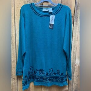 Dolores Bell Teal Embroidered‎ Tunic Sweater 2X Plus Wool Blend NWT
